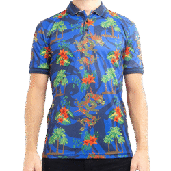 blue tropical print polo shirt