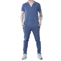 Stone Waffle Pattern Polo Short Sleeve Shirt and Trouser Set
