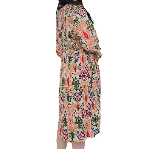 32320412-CN0107b Abstract Aztec Print Oversized Shirred Detail Dress
