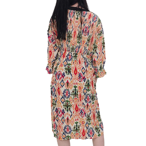 32320412-CN0107c Abstract Aztec Print Oversized Shirred Detail Dress