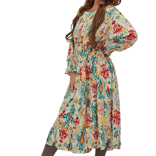32320412-CN0107e Abstract Aztec Print Oversized Shirred Detail Dress