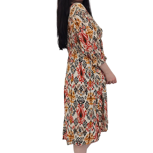 32320412-CN0107g Abstract Aztec Print Oversized Shirred Detail Dress