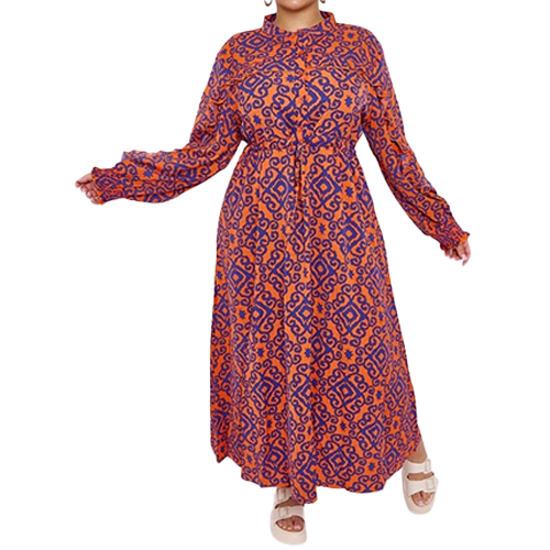 Aztec Print Shirred Cuff Drawstring Waist Dress